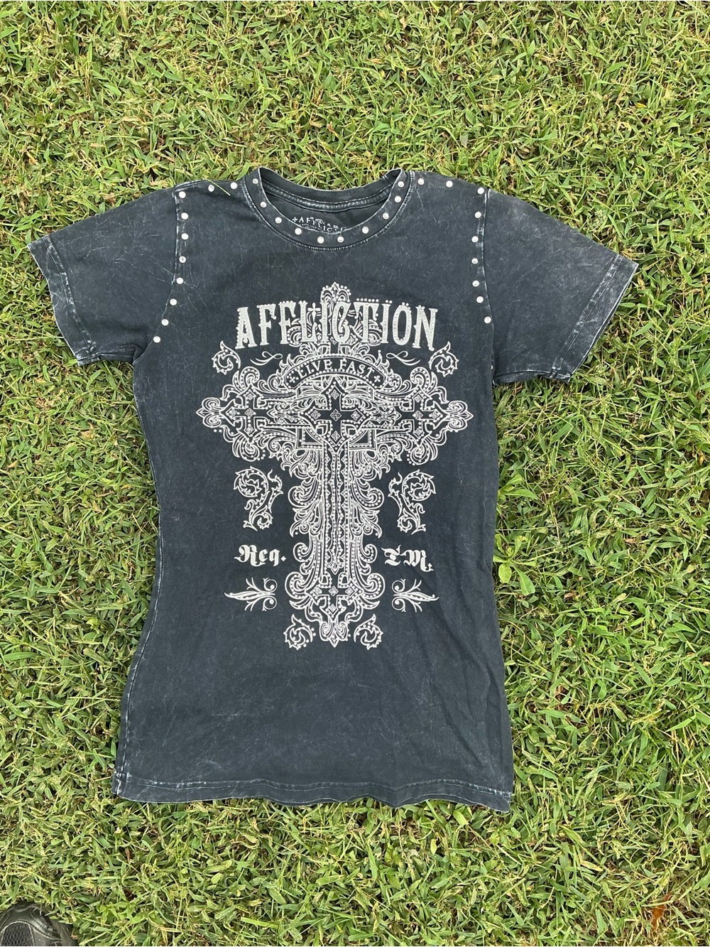 Affliction Black Graphic Studded Short Sleeve Tee